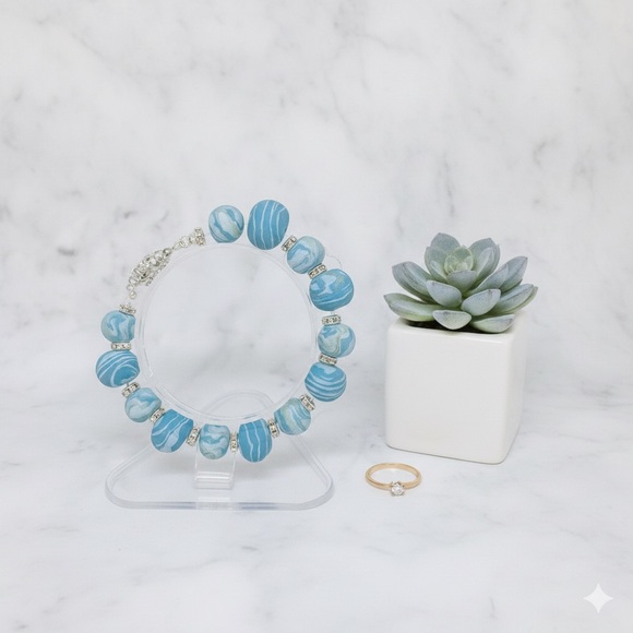 One-of-a-Kind Handmade Sky Blue Marbled Polymer Clay Bracelet - Picture 13 of 16